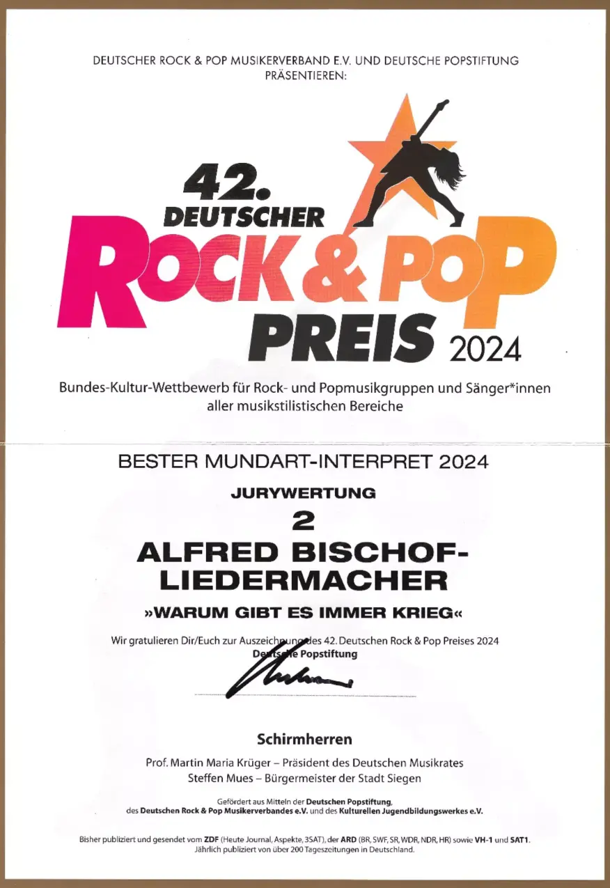 Alfred Bischof erhält 2024 den Preis als bester Mundart-Interpret für den Song „Warum gibt es immer Krieg“.