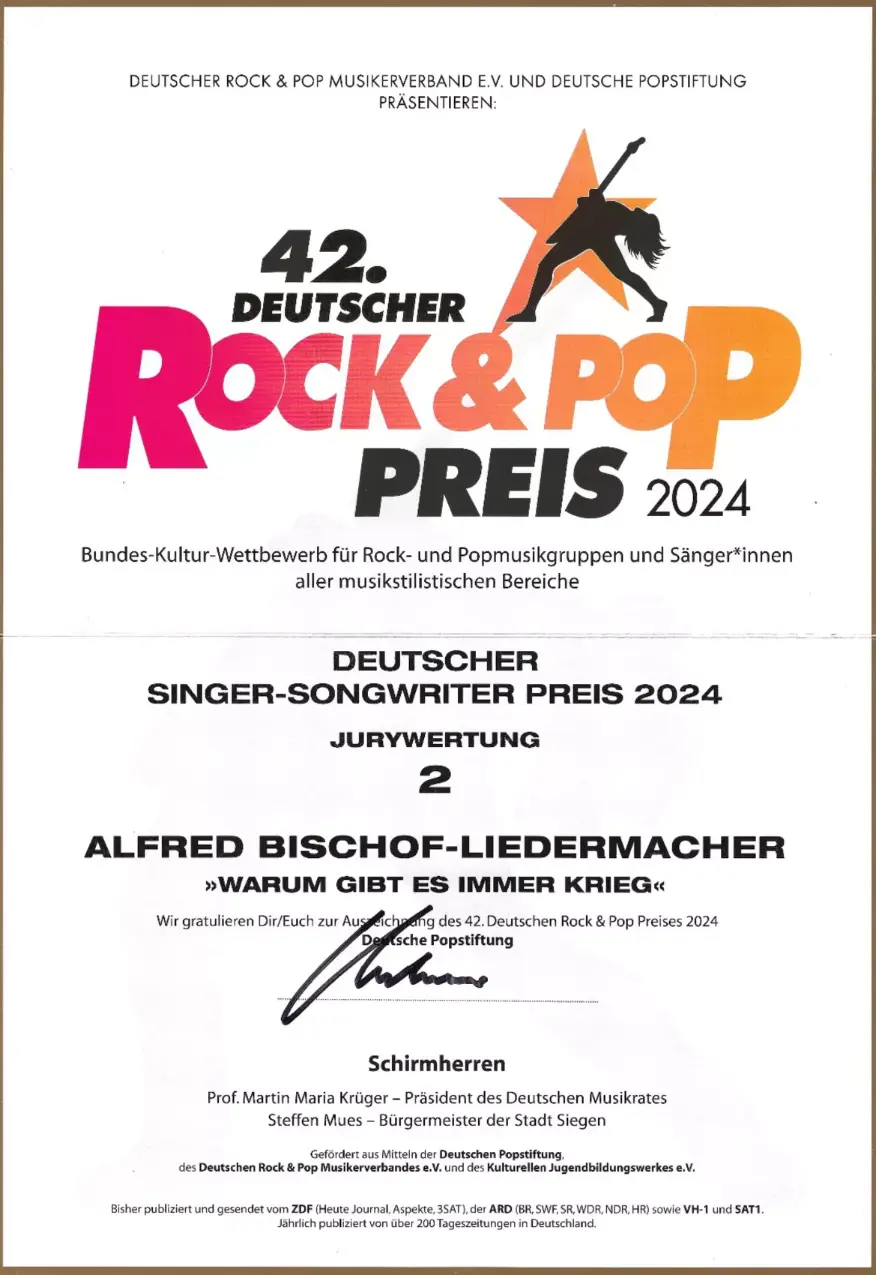 Alfred Bischof wird 2024 mit dem Deutschen Singer-Songwriter-Preis für den Song „Warum gibt es immer Krieg“ ausgezeichnet.