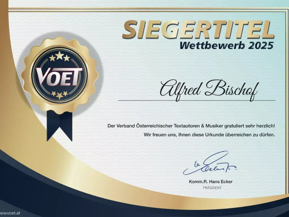Gewinnerurkunde des VOET-Wettbewerbs April 2025 für Alfred Bischof mit dem Song „Und plötzlich“