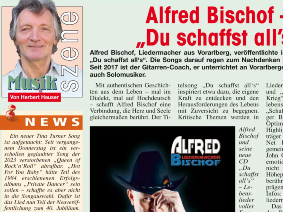 Der Vorarlberger Liedermacher Alfred Bischof mit schwarzem Cowboyhut in einem ausdrucksstarken Künstlerporträt für den Osttiroler Boten 2025