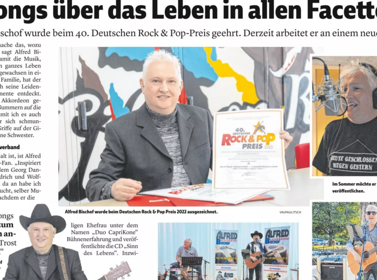 Presseartikel und Interview mit Liedermacher Alfred Bischof in den Vorarlberger Nachrichten 2023