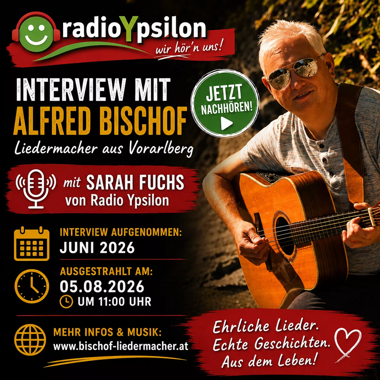 Alfred Bischof im Interview bei Radio Ypsilon mit Moderatorin Sarah Fuchs – Liedermacher aus Vorarlberg mit Herz und Gitarre.
