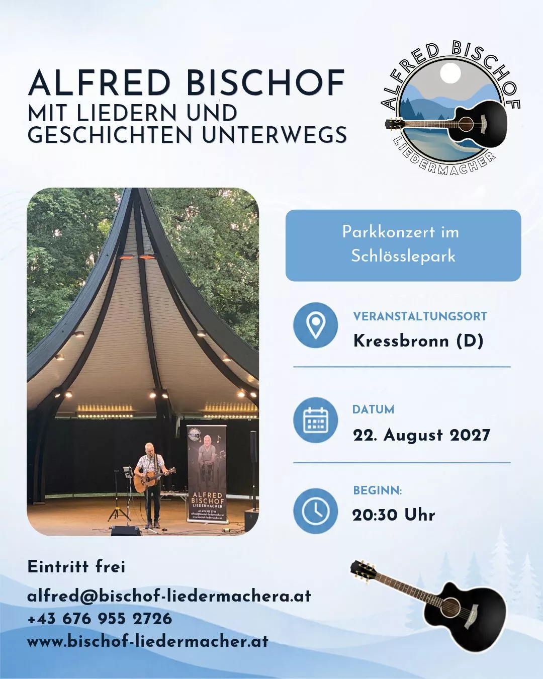 Alfred Bischof – Parkkonzert im Schlösslepark in Kressbronn am 22. August 2027 um 20:30 Uhr. Eintritt frei.